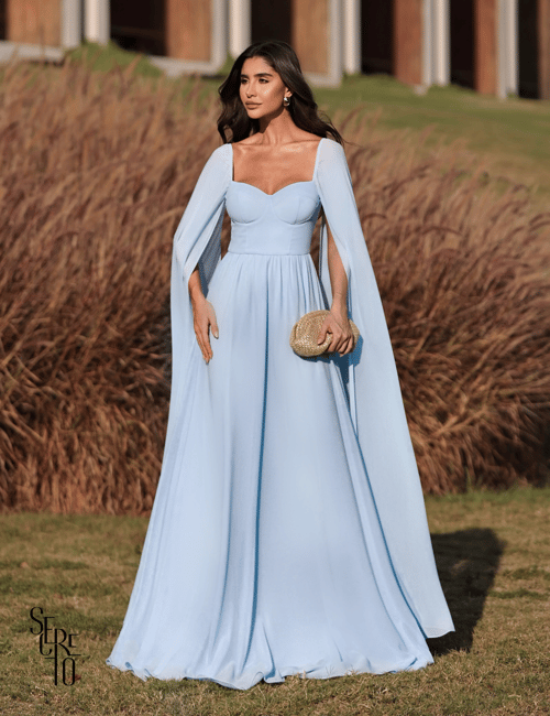 Vestido Longo Manga Longa Lana Azul Claro