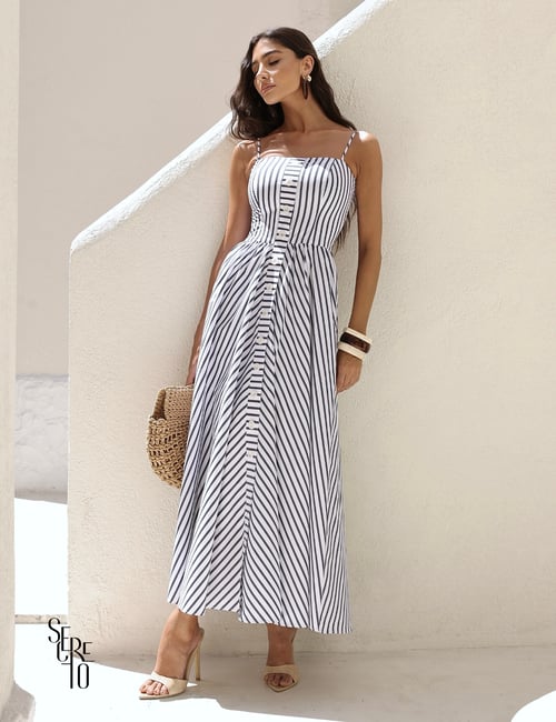 Vestido Longo Listrado Botões Frontais Alças Finas Secreto Closet