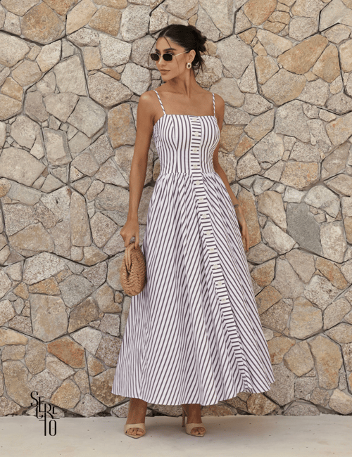 Vestido Longo Listrado Botões Frontais Alças Finas Secreto Closet