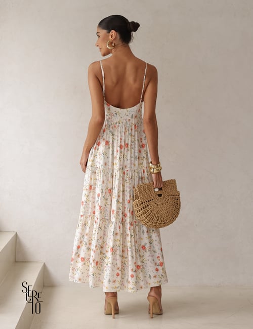 Vestido Longo Floral Alças Finas Aberto Costas| Secreto Closet